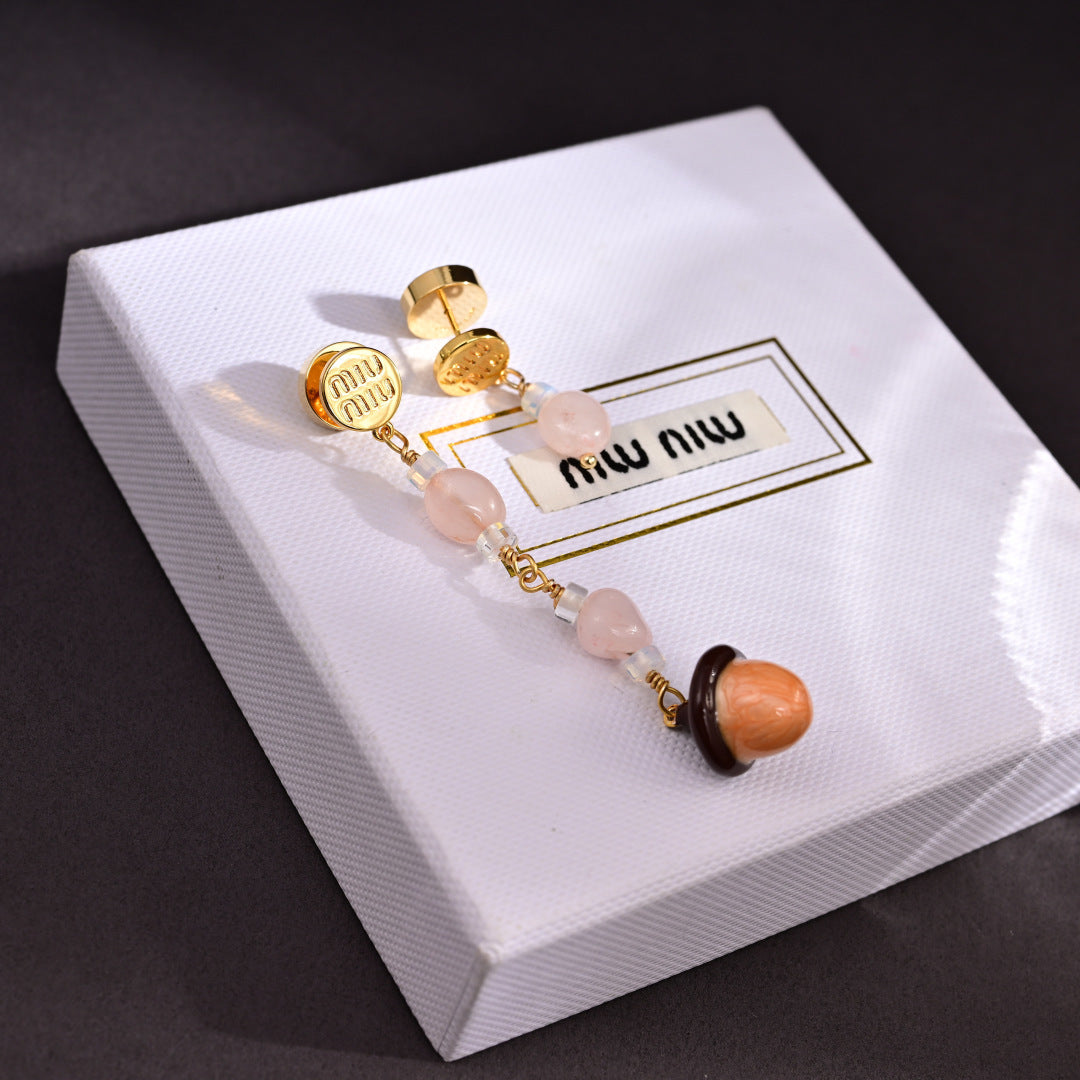 MIUMIU 26S ROSE QUARTZ BEADED ACORN DROP EARRINGS IN GOLD TONE METAL 614244