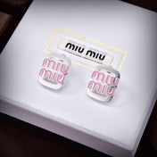 MIUMIU 26S DOUBLE LOGO PINK ENAMEL STUD EARRINGS IN SILVER TONE METAL 619138