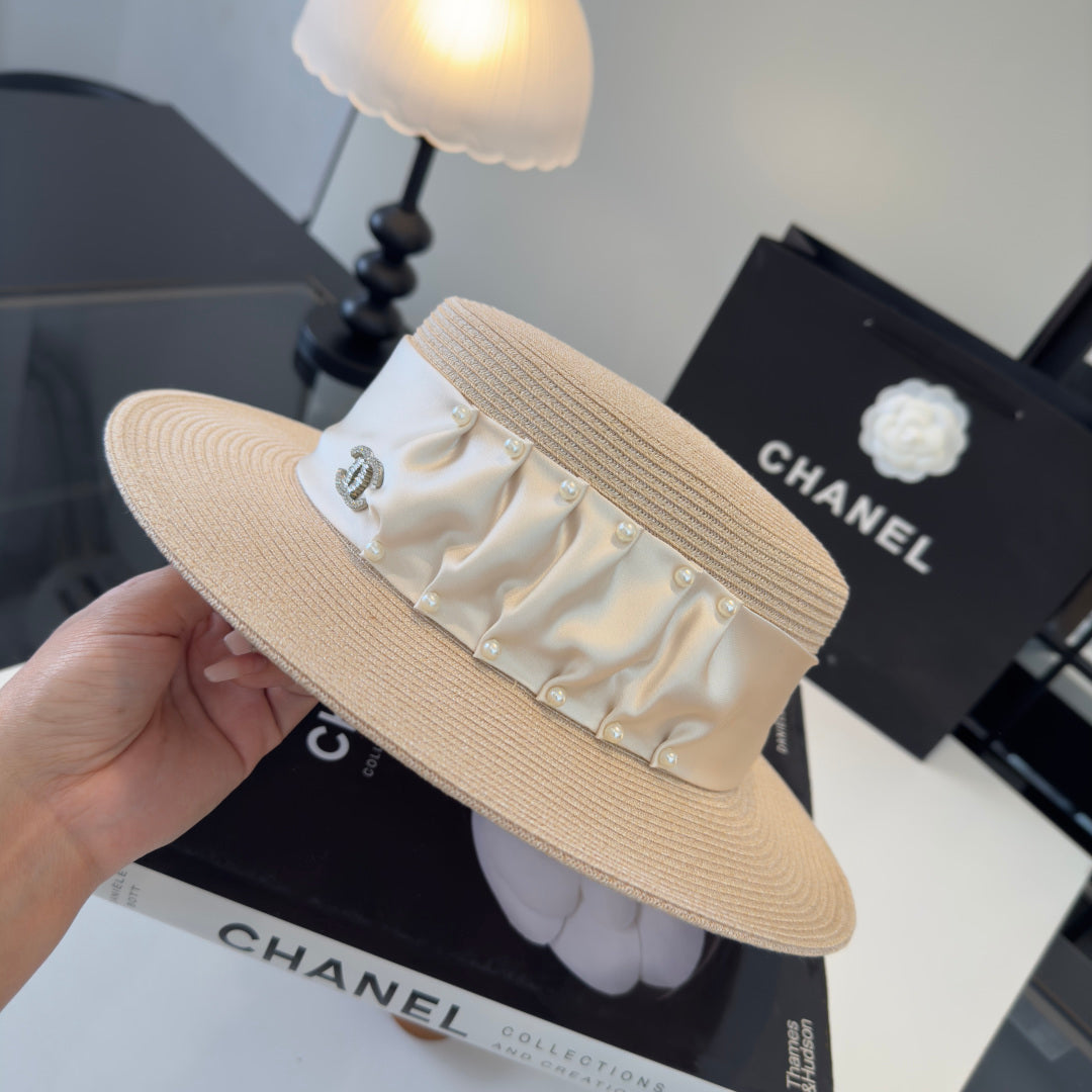 CHANEL 26S RIBBON-EMBELLISHED STRAW BOATER HAT 335893