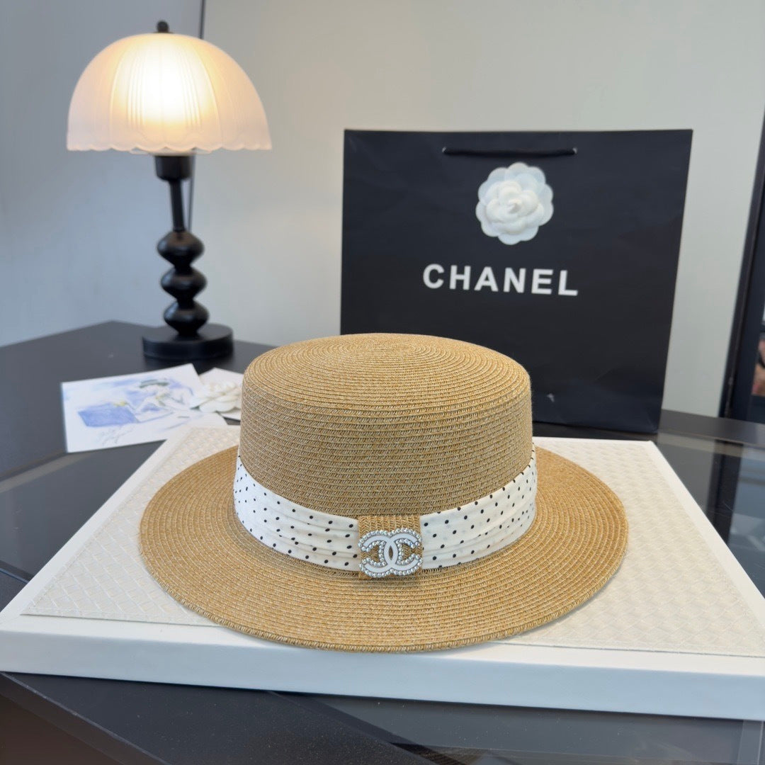 CHANEL 26S BOATER STRAW HAT WITH CRYSTAL-EMBELLISHED CC LOGO 338039