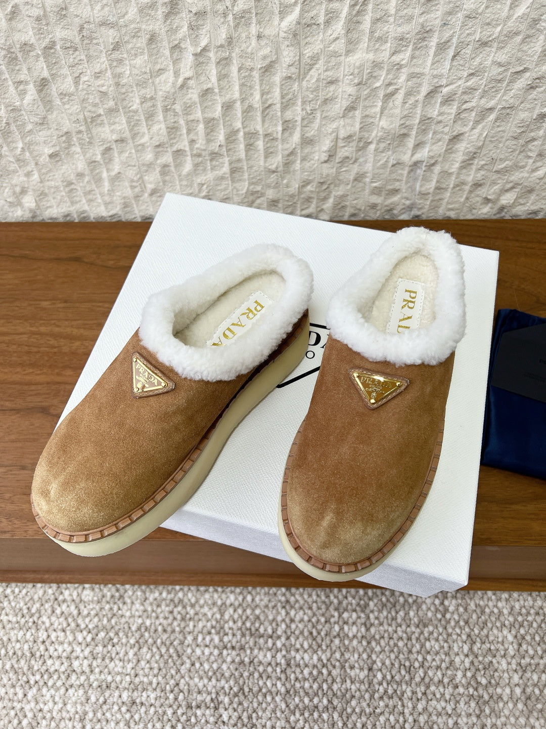 PRADA 25S PLATFORM FUR-LINED MULES IN BROWN SUEDE