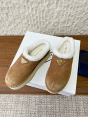 PRADA 25S PLATFORM FUR-LINED MULES IN BROWN SUEDE