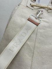PRADA 25S DRAWSTRING BACKPACK 55 IN BEIGE CANVAS LINEN SILVER HARDWRE