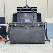 PRADA 25S BONNIE LARGE HANDBAG 38 IN DARK GRAY SUEDE GOLD HARDWRE