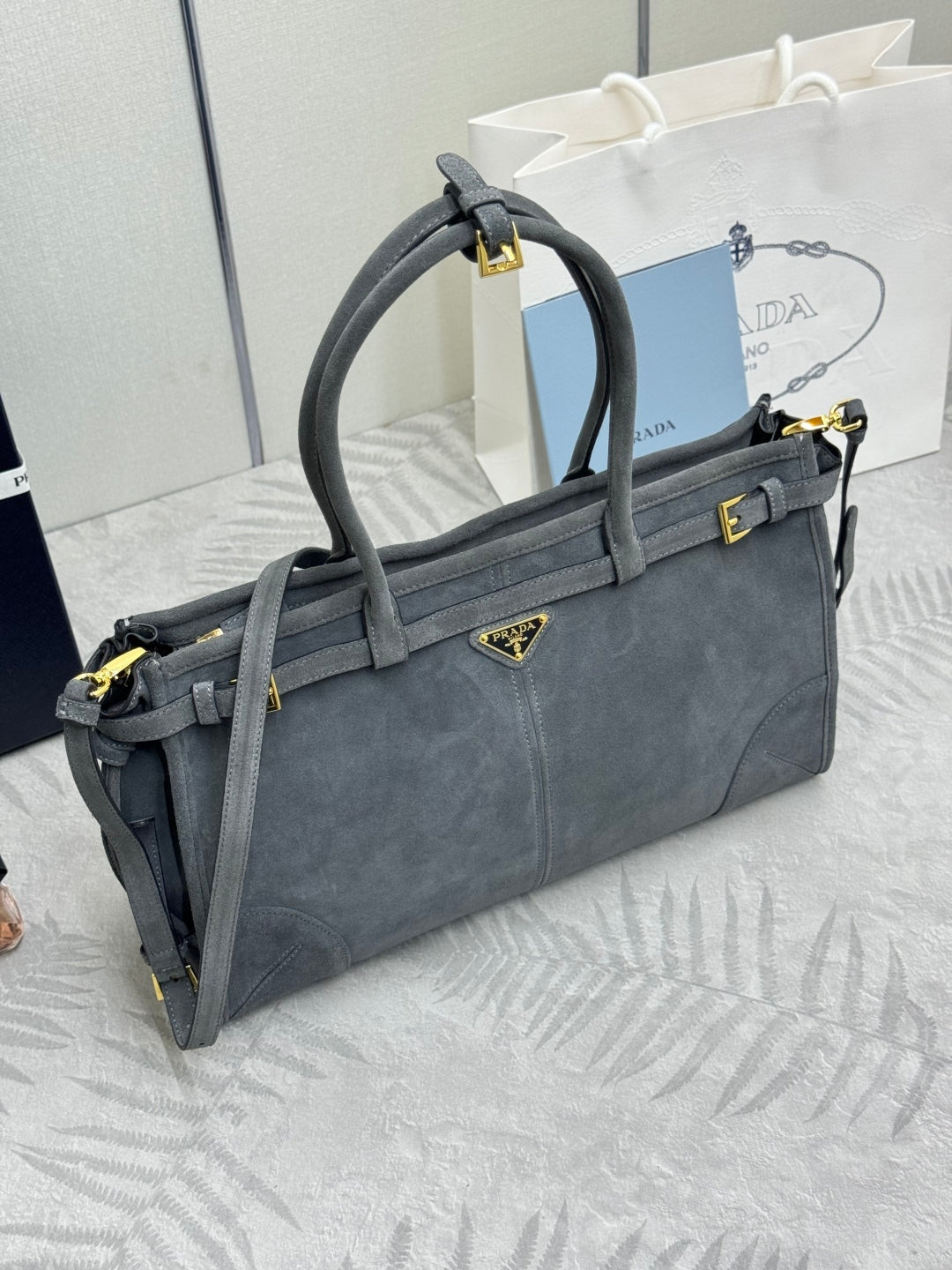 PRADA 25S BONNIE LARGE HANDBAG 38 IN DARK GRAY SUEDE GOLD HARDWRE
