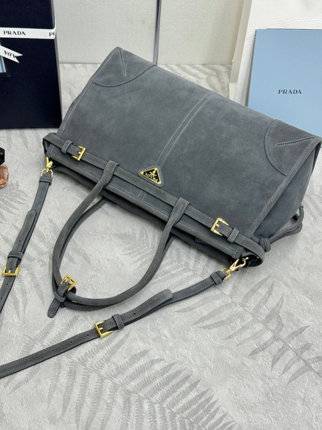PRADA 25S BONNIE LARGE HANDBAG 38 IN DARK GRAY SUEDE GOLD HARDWARE