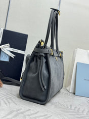PRADA 25S BONNIE LARGE HANDBAG 38 IN DARK GRAY SUEDE GOLD HARDWARE
