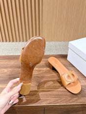 DIOR 26S LOW HEEL SLIDE SANDALS IN CARAMEL BROWN CALFSKIN PEARL GOLD BUCKLE