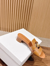 DIOR 26S LOW HEEL SLIDE SANDALS IN CARAMEL BROWN CALFSKIN GOLD PEARL BUCKLE
