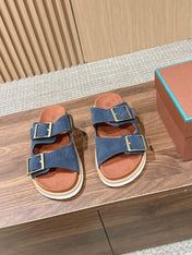 LP 26S DOUBLE BUCKLE SLIDES IN NAVY BLUE SUEDE GOLD HARDWARE
