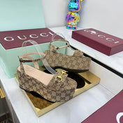 GG WEDGE HEELS IN DARK BEIGE FABRIC AND CALFSKIN WITH GOLD HARDWARE STYLE 3