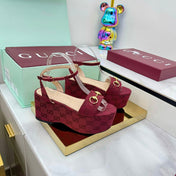 GG WEDGE HEELS IN RED FABRIC AND CALFSKIN WITH GOLD HARDWARE STYLE 2