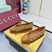 GG BALLET FLATS 25S IN BROWN LAMBSKIN MIX BEIGE CANVAS WITH BOW