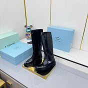 PRADA 25S POINTED TALL BOOTS 50MM IN BLACK GLOSSY CALFSKIN WITH LOGO