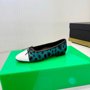 CHANEL 26S FLAT SHOES IN TEAL AND BLACK LEOPARD PRINT PONY HAIR