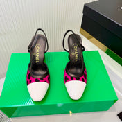 CHANEL 26S HIGH-HEEL SLINGBACKS 70 MM IN WHITE PATENT CALFSKIN WITH DARK PINK PONY HAIR