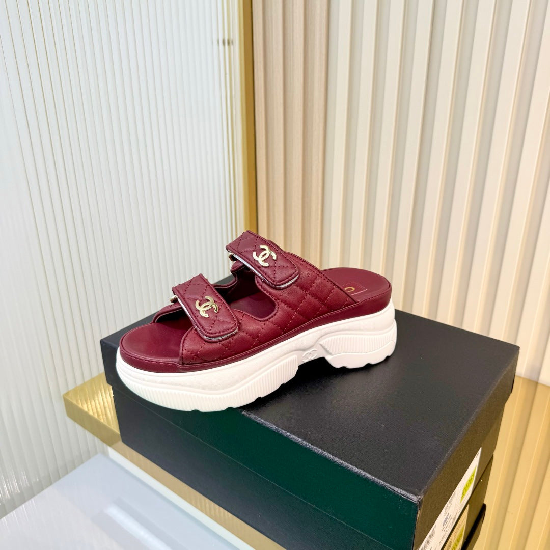 CHANEL 26S PLATFORM SANDALS IN DARK RED LAMBSKIN