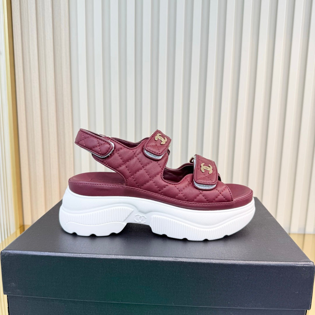 CHANEL 26S PLATFORM VELCRO SANDALS IN DARK RED LAMBSKIN