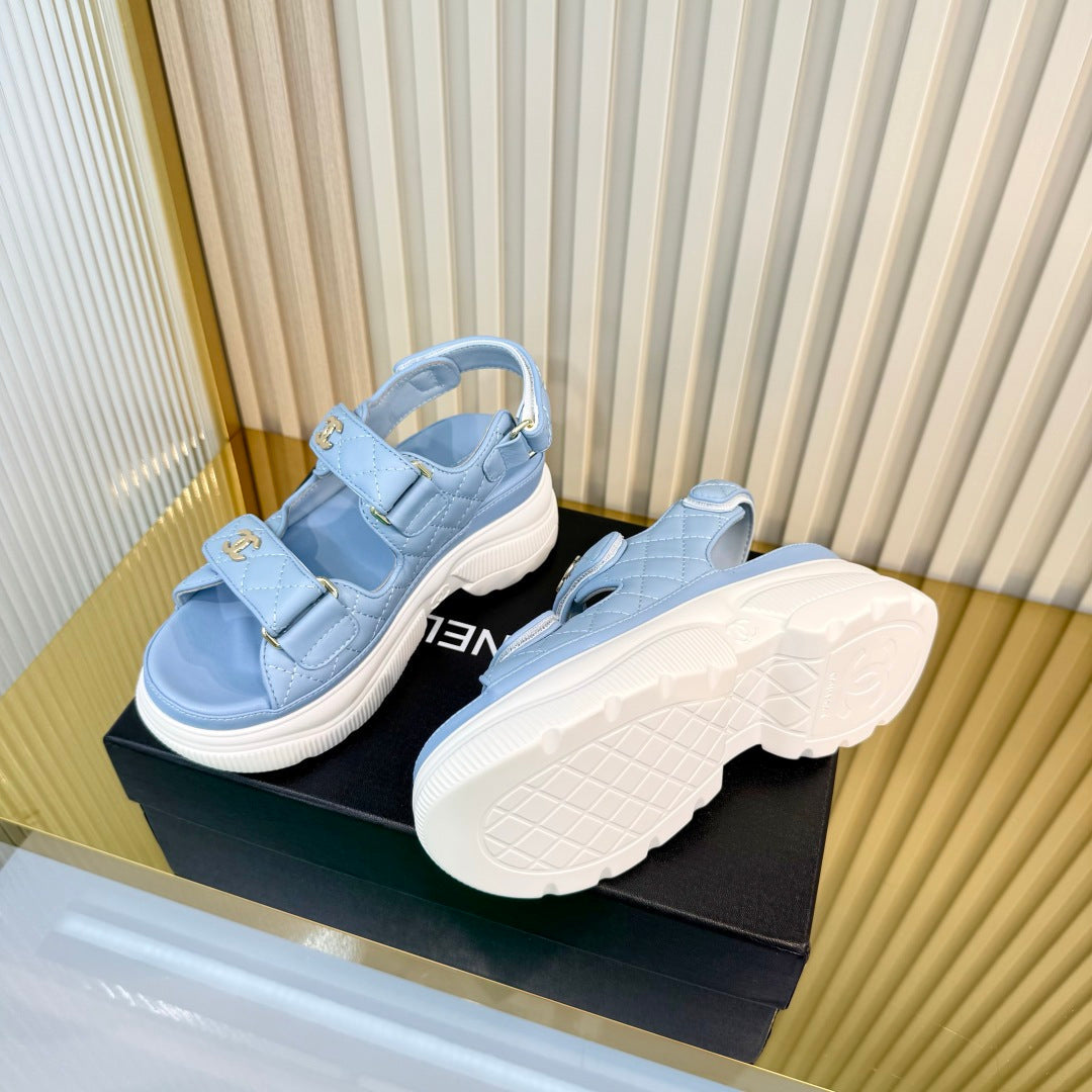 CHANEL 26S PLATFORM VELCRO SANDALS IN LIGHT BLUE LAMBSKIN