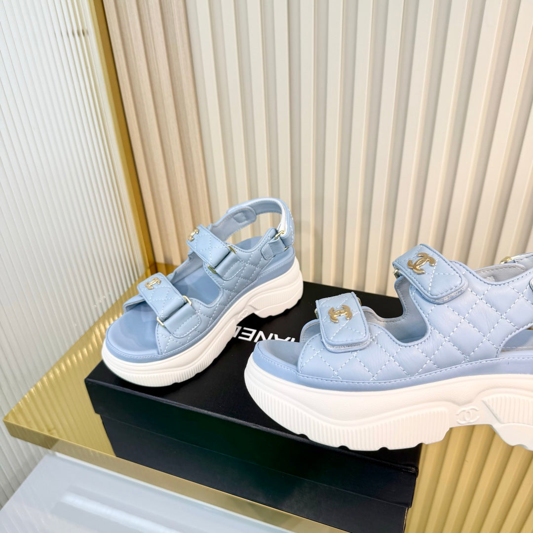 CHANEL 26S PLATFORM VELCRO SANDALS IN LIGHT BLUE LAMBSKIN
