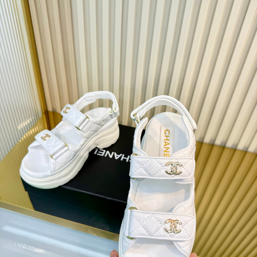 CHANEL 26S PLATFORM VELCRO SANDALS IN WHITE LAMBSKIN