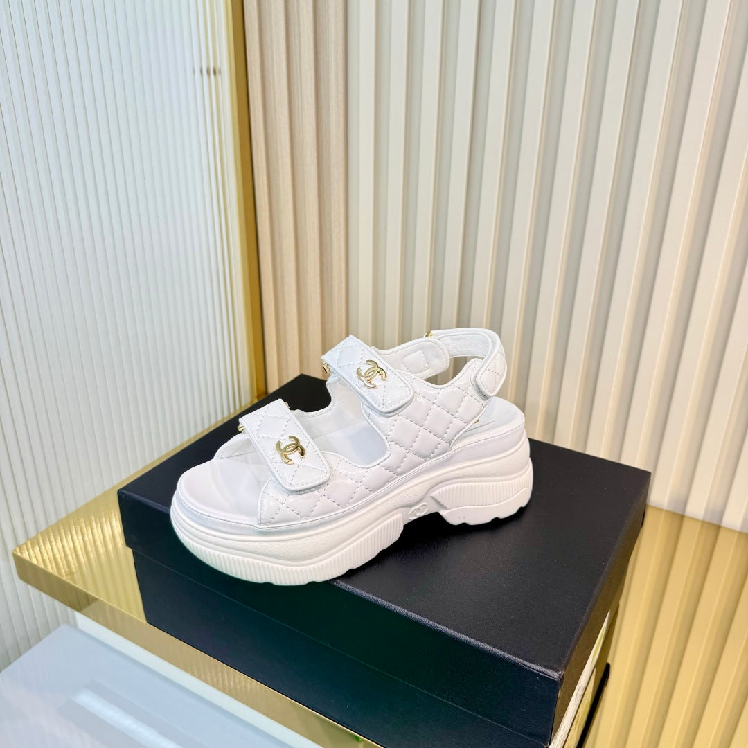 CHANEL 26S PLATFORM VELCRO SANDALS IN WHITE LAMBSKIN