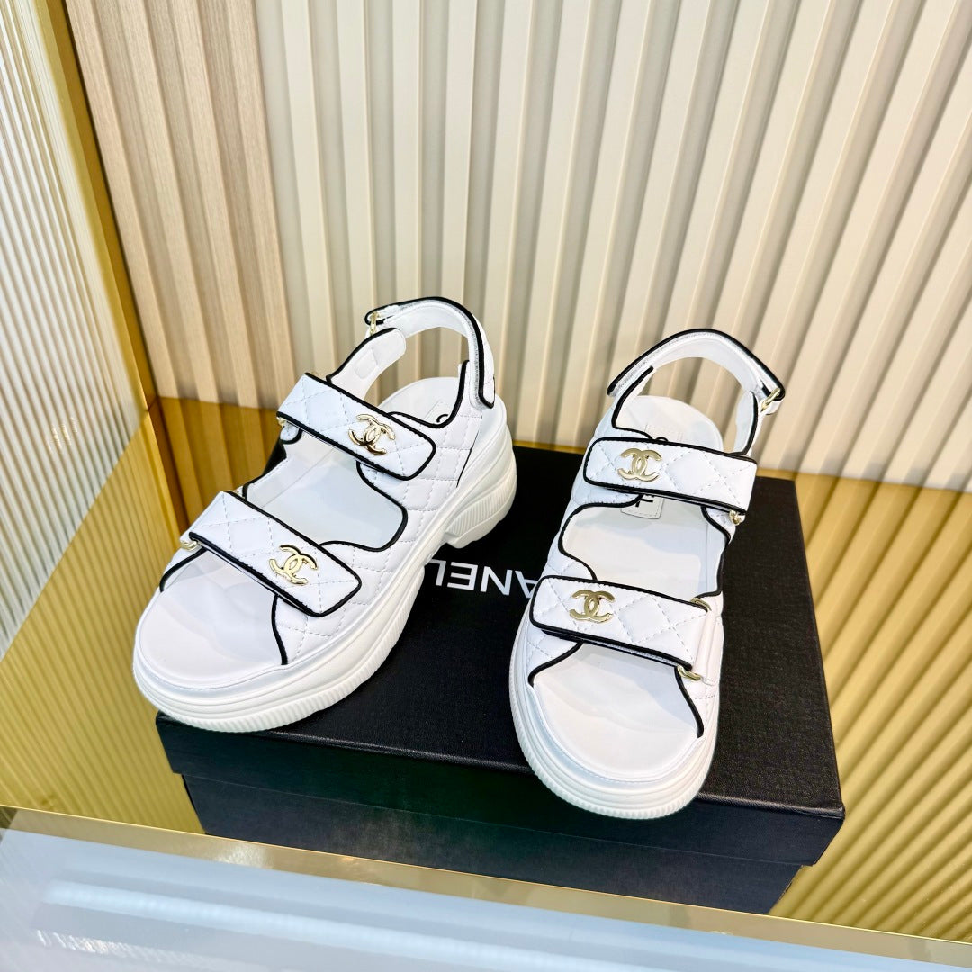 CHANEL 26S PLATFORM VELCRO SANDALS IN WHITE MIX BLACK LAMBSKIN