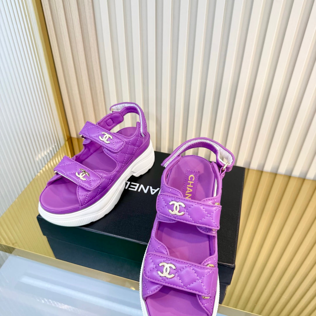 CHANEL 26S PLATFORM VELCRO SANDALS IN PURPLE LAMBSKIN