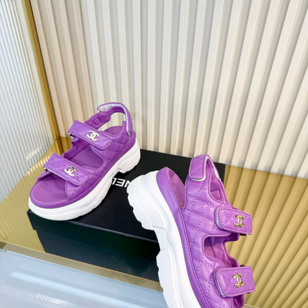 CHANEL 26S PLATFORM VELCRO SANDALS IN PURPLE LAMBSKIN