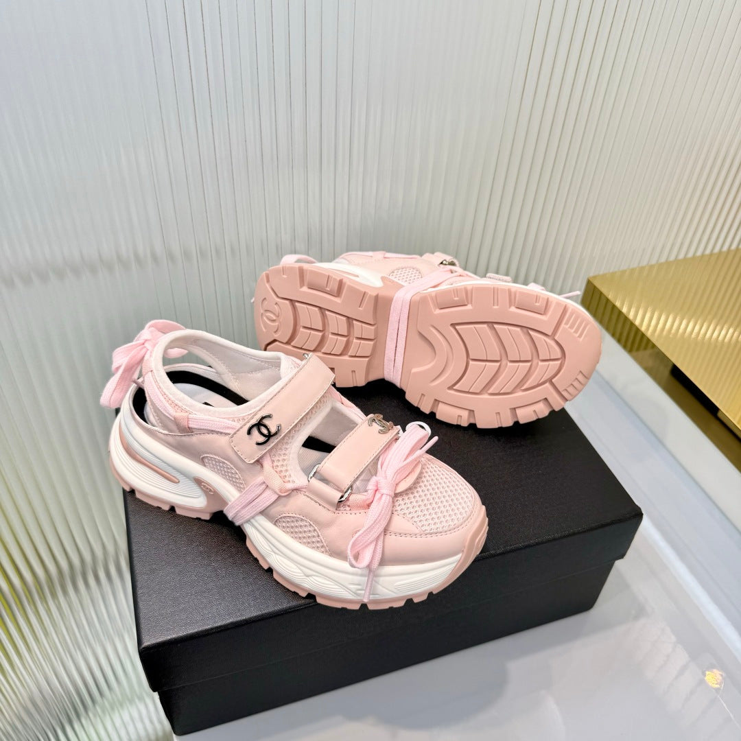 CHANEL 26S VELCRO SNEAKERS IN LIGHT PINK CALFSKIN WITH BOW