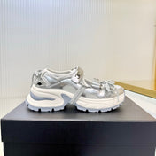 CHANEL 26S VELCRO SNEAKERS IN SILVER CALFSKIN WITH BOW