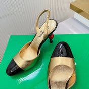CHANEL 26S SLINGBACK POINTED-TOE HEELS 95 MM IN GOLD LAMBSKIN WITH BLACK CAP TOE
