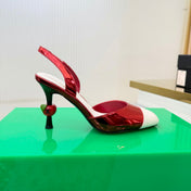 CHANEL 26S SLINGBACK POINTED-TOE HEELS 95 MM IN RED PATENT WITH WHITE CAP TOE