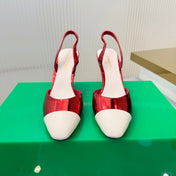 CHANEL 26S SLINGBACK POINTED-TOE HEELS 95 MM IN RED PATENT WITH WHITE CAP TOE