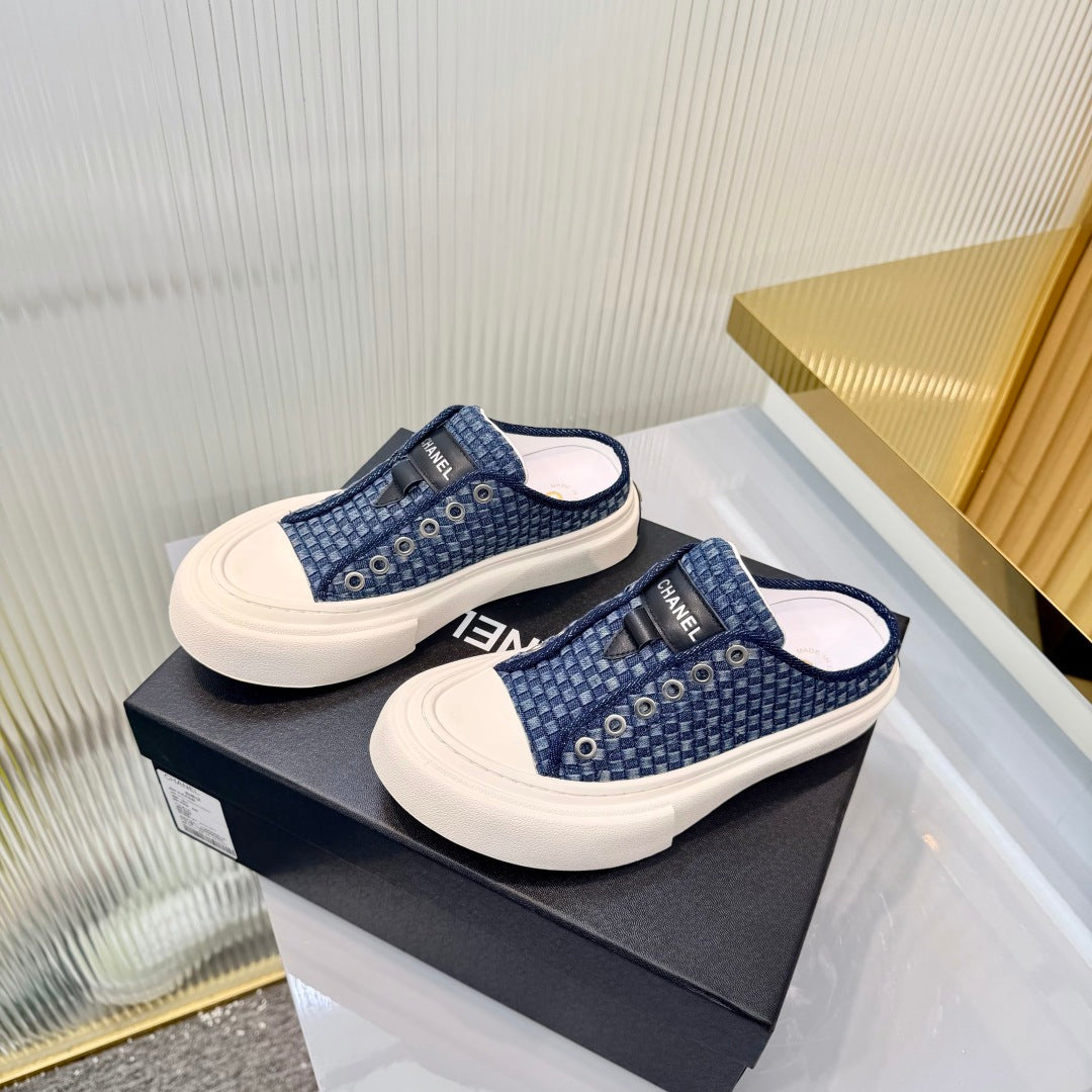 CHANEL 26S MULE SNEAKERS IN NAVY BLUE CHECKERED WOVEN DENIM FABRIC STYLE 4