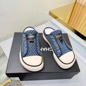CHANEL 26S MULE SNEAKERS IN NAVY BLUE CHECKERED WOVEN DENIM FABRIC