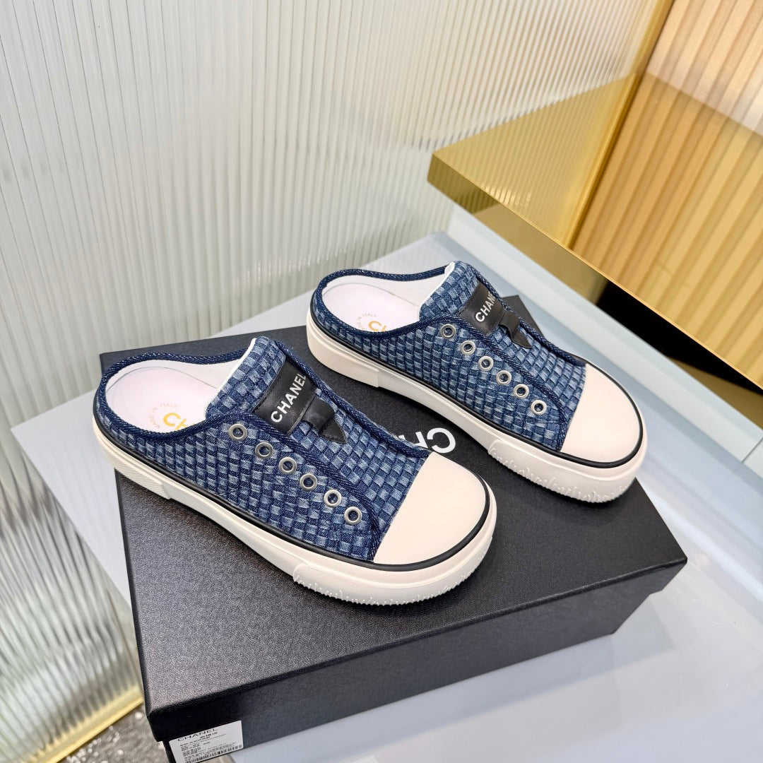 CHANEL 26S MULE SNEAKERS IN NAVY BLUE CHECKERED WOVEN DENIM FABRIC