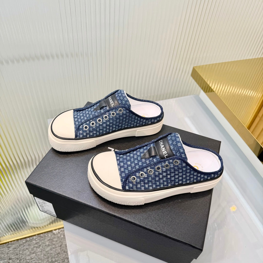 CHANEL 26S MULE SNEAKERS IN NAVY BLUE CHECKERED WOVEN DENIM FABRIC