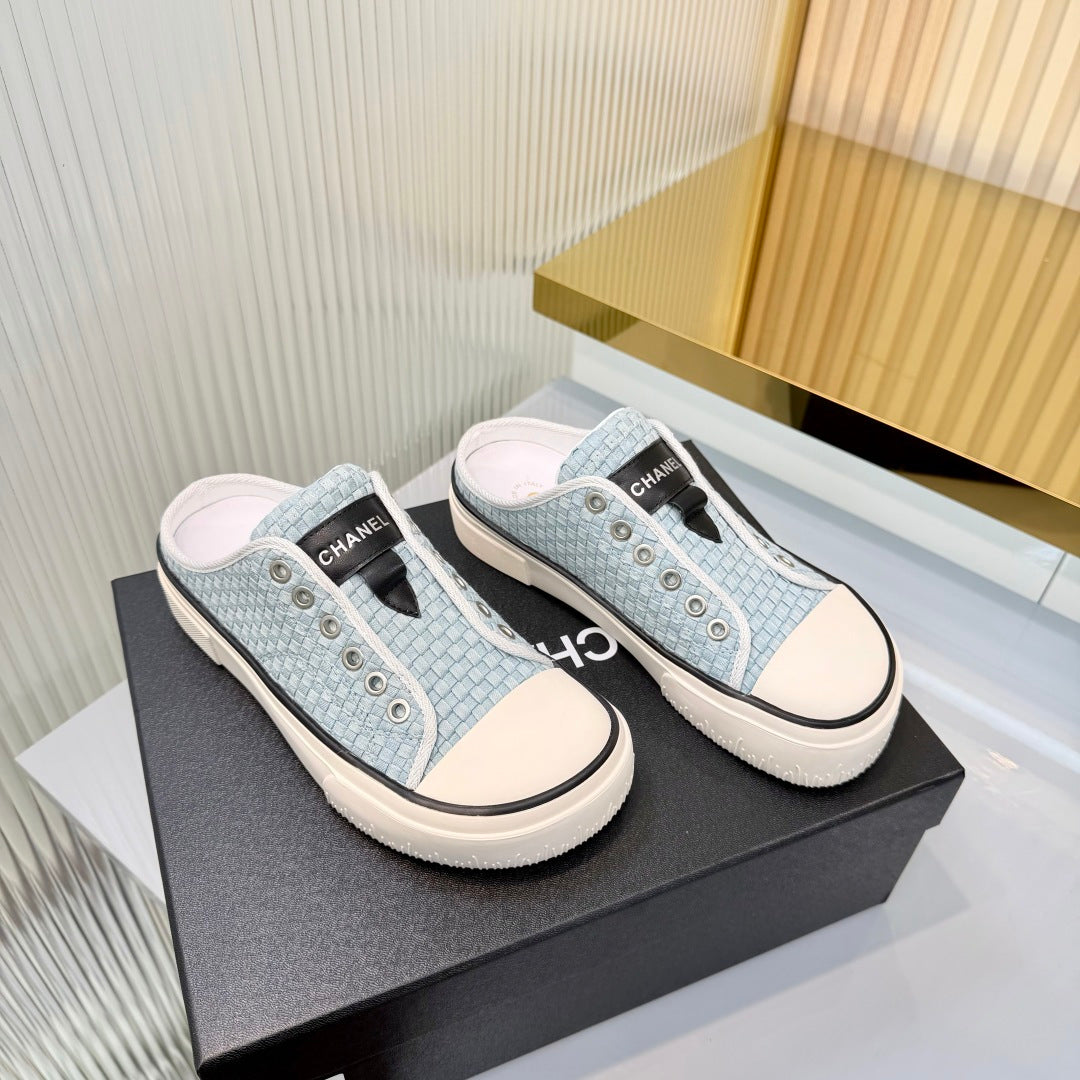 CHANEL 26S MULE SNEAKERS IN LIGHT BLUE WOVEN FABRIC