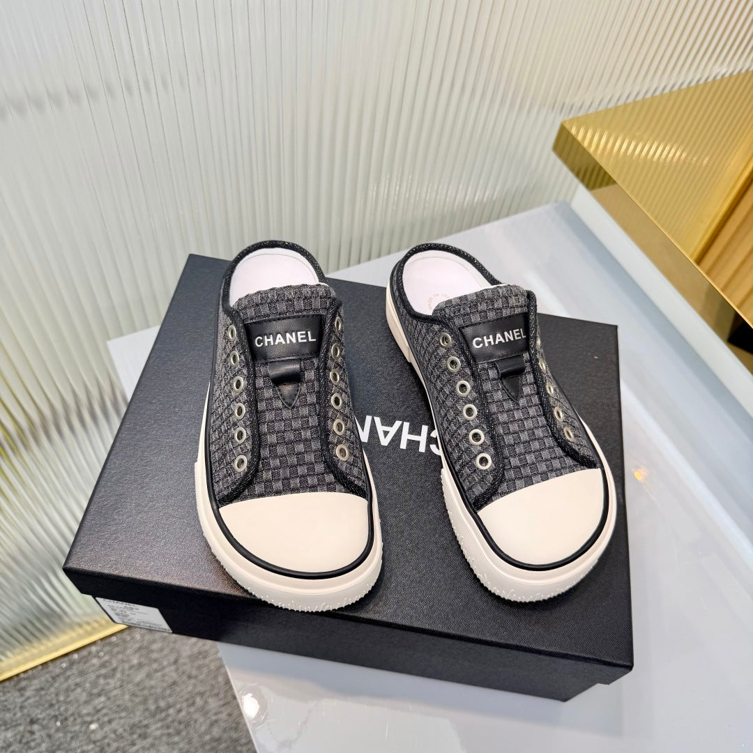 CHANEL 26S MULE SNEAKERS IN BLACK CHECKERED WOVEN DENIM FABRIC