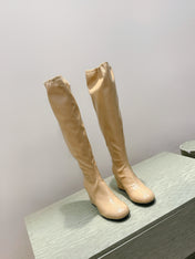 CHANEL 25S KNEE-HIGH BOOTS 60MM IN BEIGE PATENT CALFSKIN WEDGE HEELS