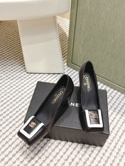 CHANEL 25S SLINGBACK SHOES 90MM IN BLACK CALFSKIN SQUARE TOE GOLD HARDWARE