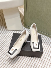 CHANEL 25S SLINGBACK SHOES 90MM IN WHITE CALFSKIN SQUARE TOE GOLD HARDWARE