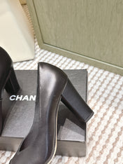 CHANEL 25S SQUARE-TOE HIGH HEELS 90MM IN BLACK CALFSKIN