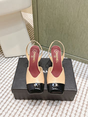 CHANEL 25S HIGH-HEELED SQUARE-TOE SLINGBACK 90MM IN DARK BEIGE AND BLACK CALFSKIN