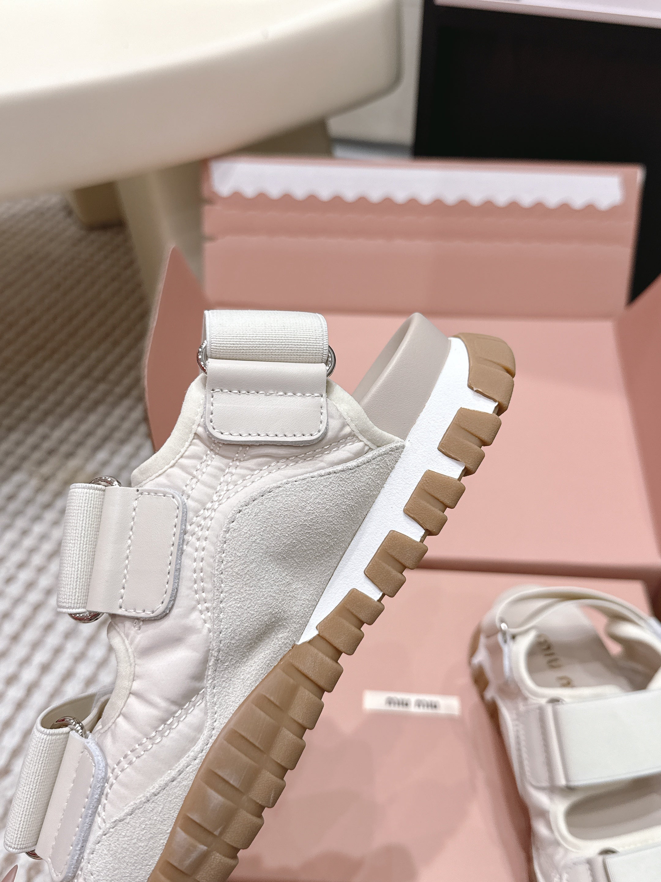 MIUMIU 26S VELCRO SANDALS IN CREAM WHITE CALFSKIN AND NYLON SILVER HARDWARE