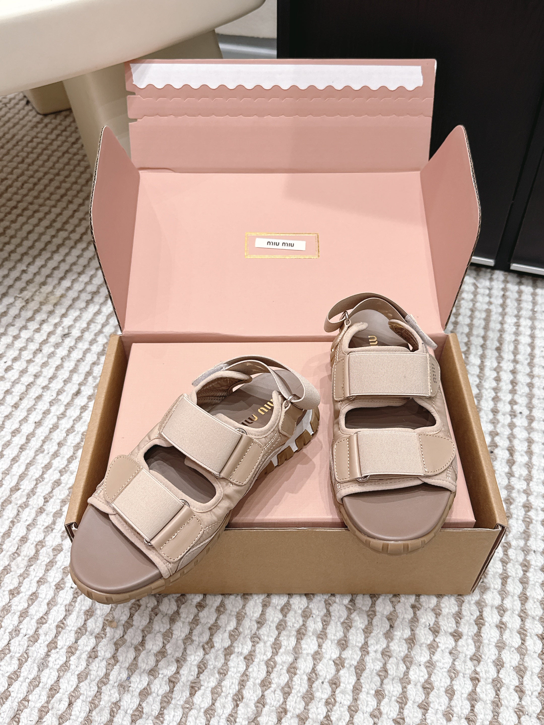 MIUMIU 26S VELCRO SANDALS IN LIGHT BROWN CALFSKIN AND NYLON SILVER HARDWARE