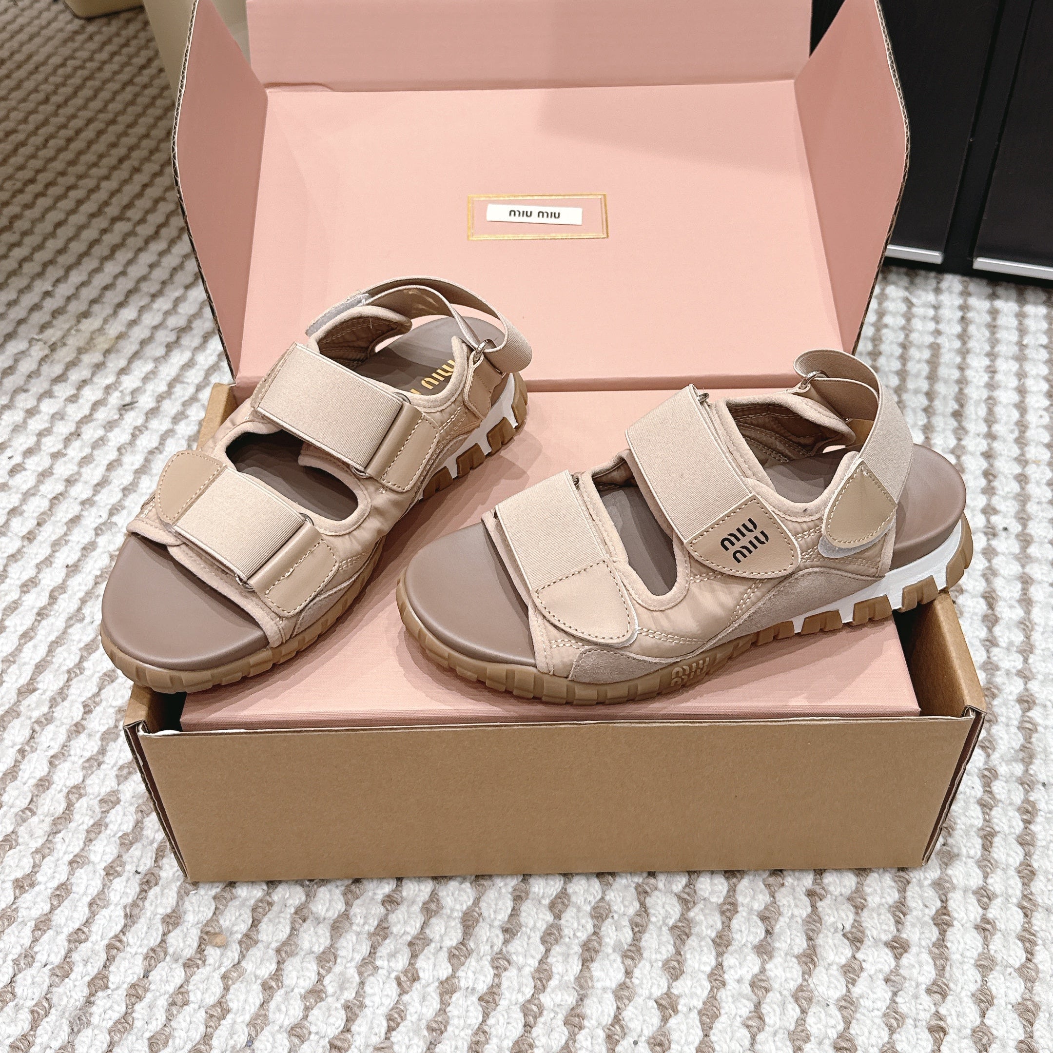 MIUMIU 26S VELCRO SANDALS IN LIGHT BROWN CALFSKIN AND NYLON SILVER HARDWARE