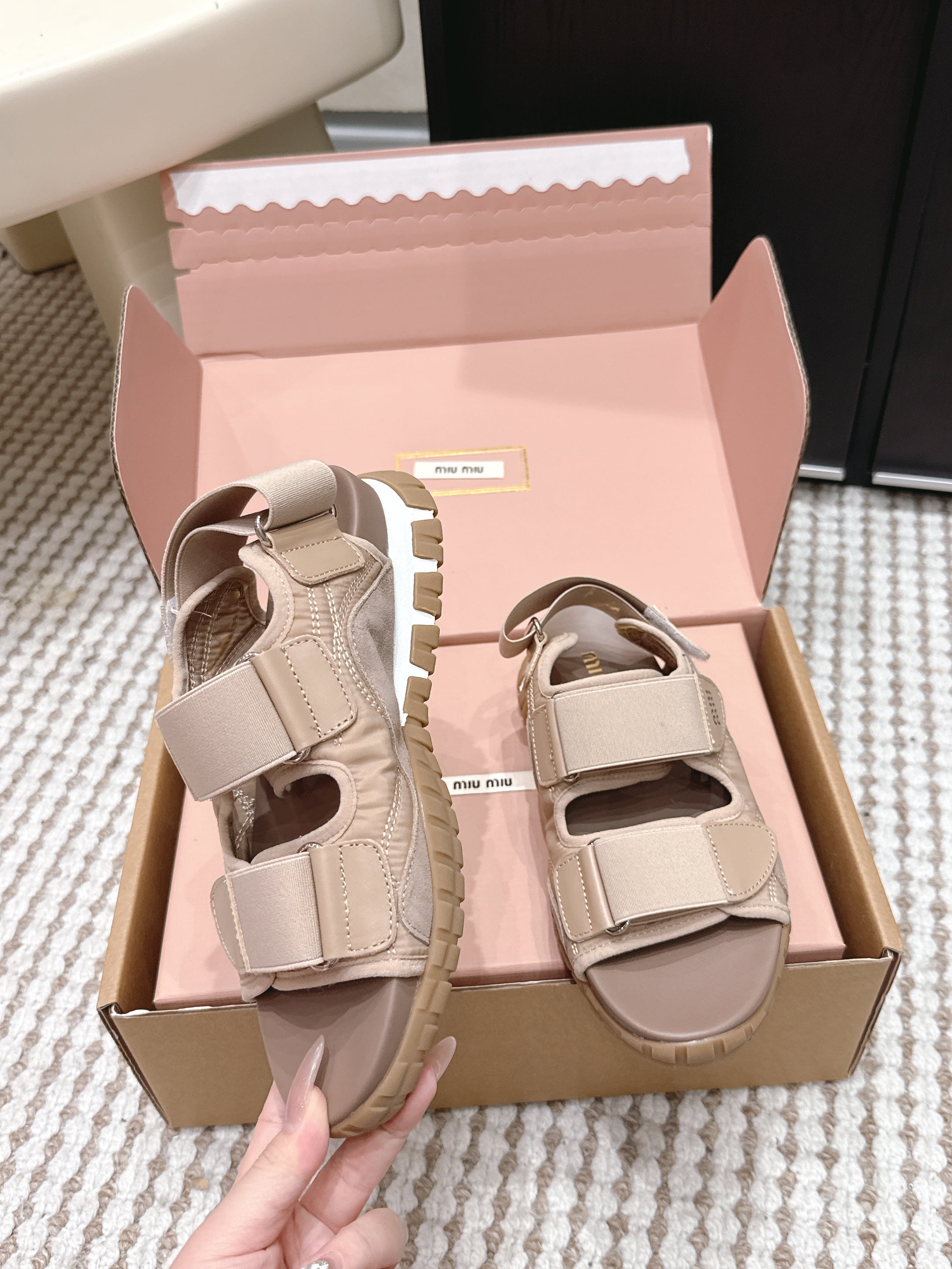 MIUMIU 26S VELCRO SANDALS IN LIGHT BROWN CALFSKIN AND NYLON SILVER HARDWARE