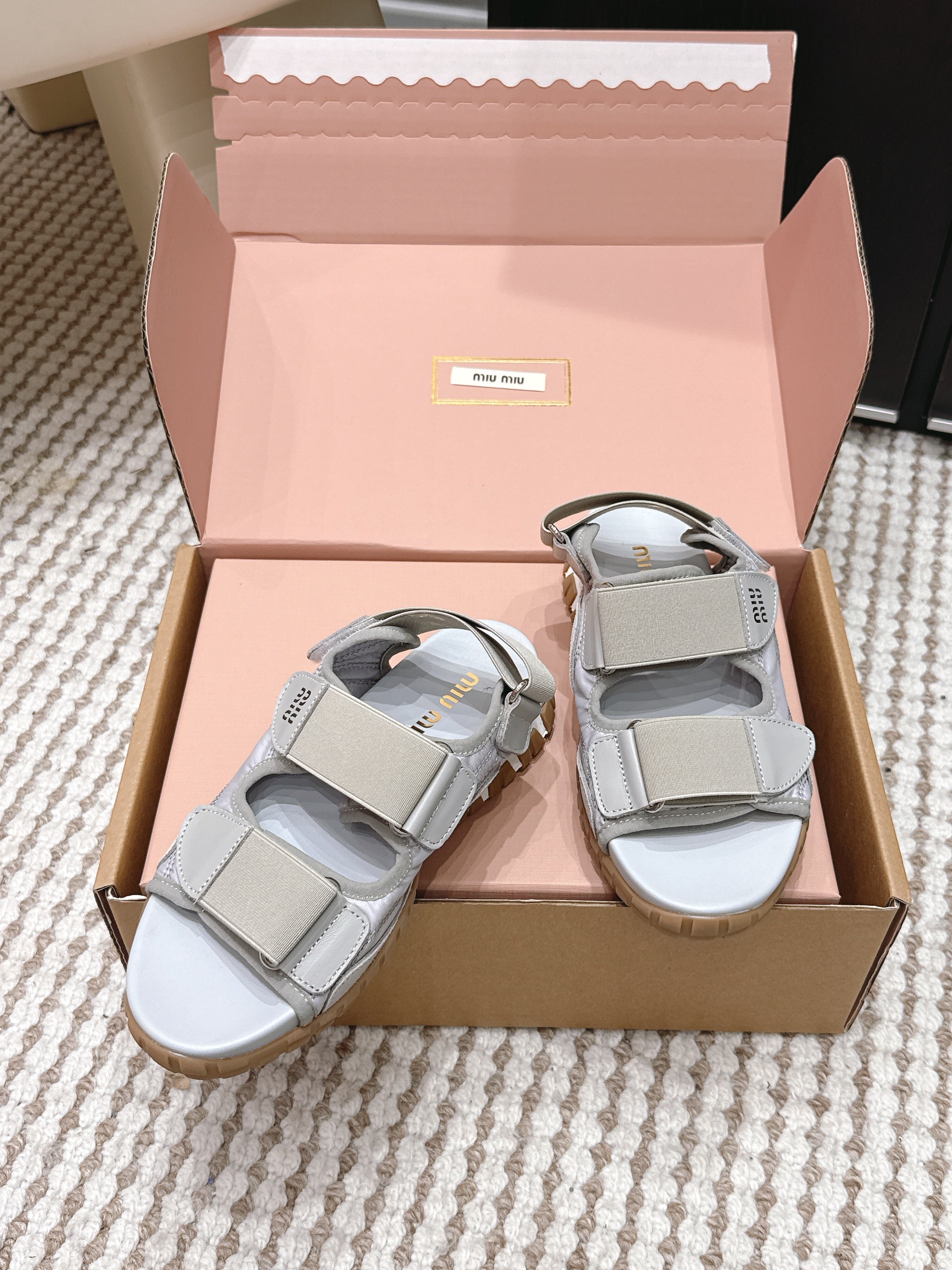 MIUMIU 26S VELCRO SANDALS IN GRAY CALFSKIN AND NYLON SILVER HARDWARE